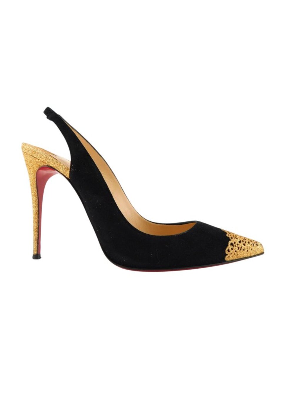 CHRISTIAN LOUBOUTIN Black Suede Leather & Gold Glitter Sling Heel Pumps 36.5